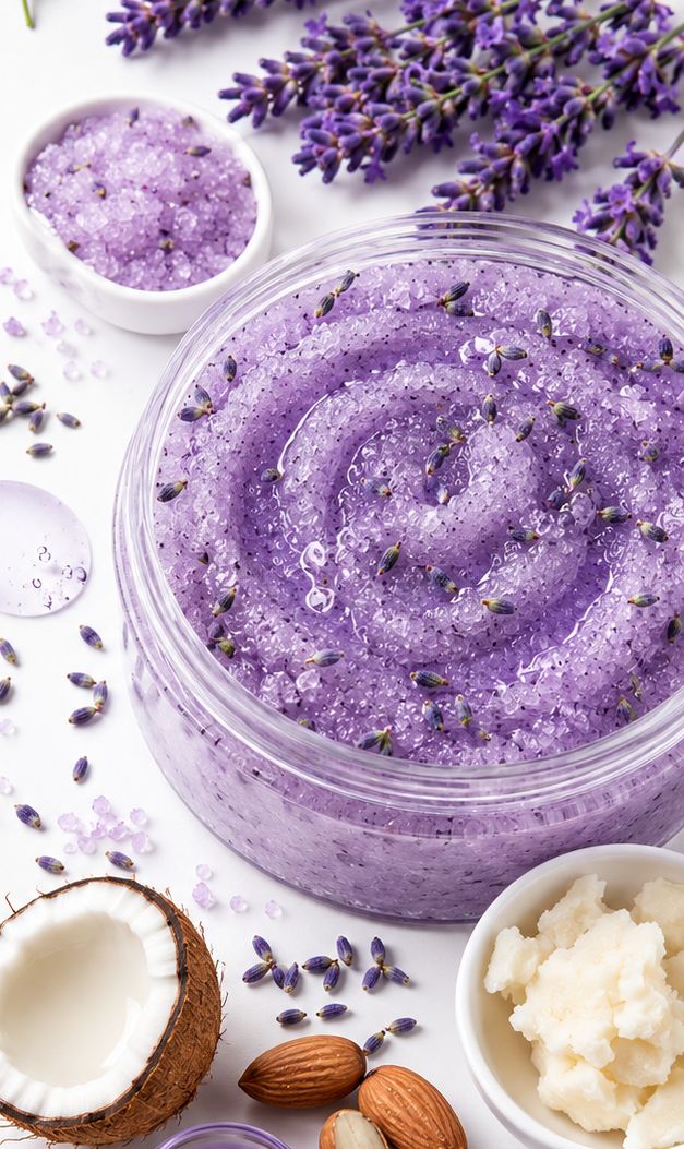 Lavanta, hindistan cevizi, badem ve shea yağı arasında lavantalı peeling