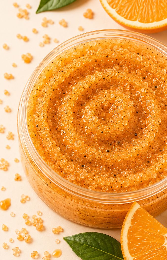 Portakal dilimleri yanında Orange Glow Scrub dokusu