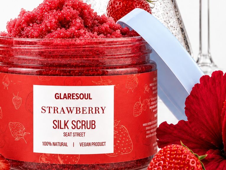 Strawberry Silk Scrub kavanozu, çileklerle