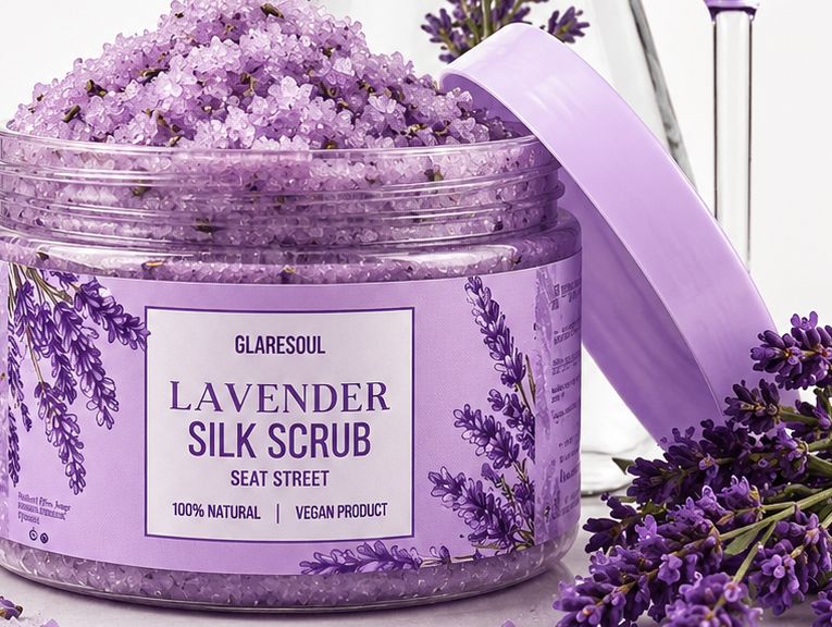 Lavender Silk Scrub kavanozu, lavanta dalları arasında
