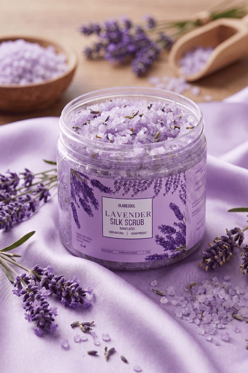 Lavanta dalları arasında Lavender Silk Scrub kavanozu